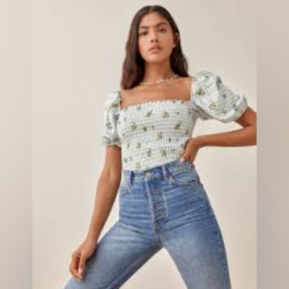 Reformation Mulberry Linen Al Fresco blue gingham floral size Small